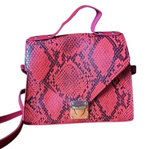 Red Faux Snakeskin Crossbody HandBag – Structured Mini Satchel with Top Handle
